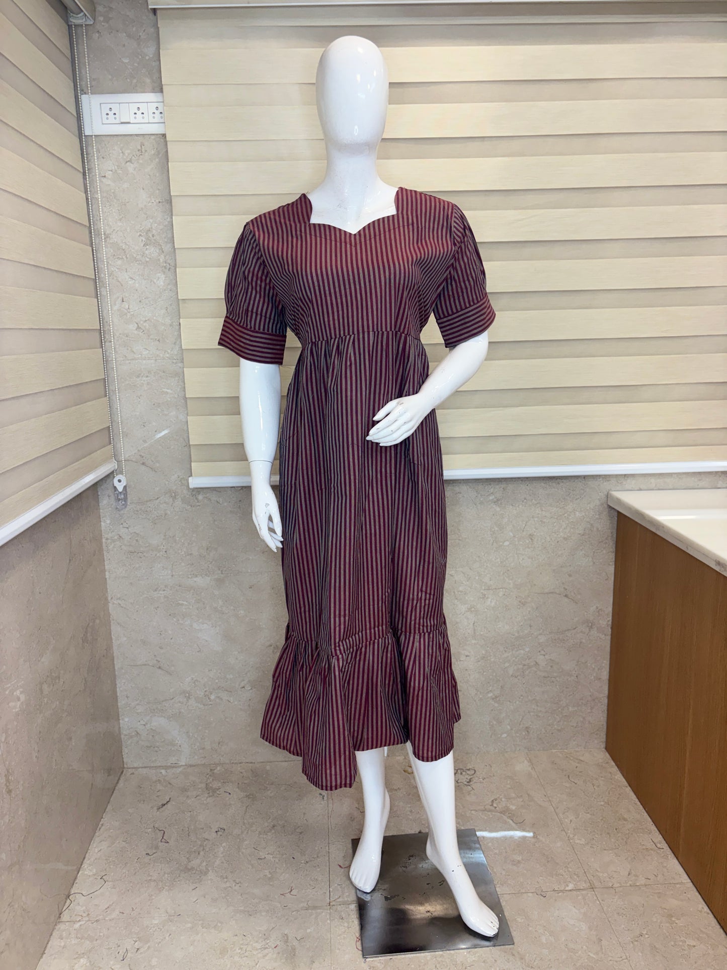 Maroon Stripe Print Budget Friendly Frock