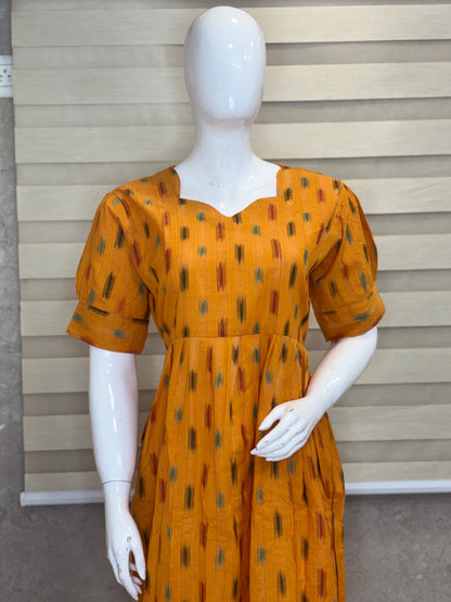 Mustard Ochre Multicolor Ikat Dash Budget Friendly Frock