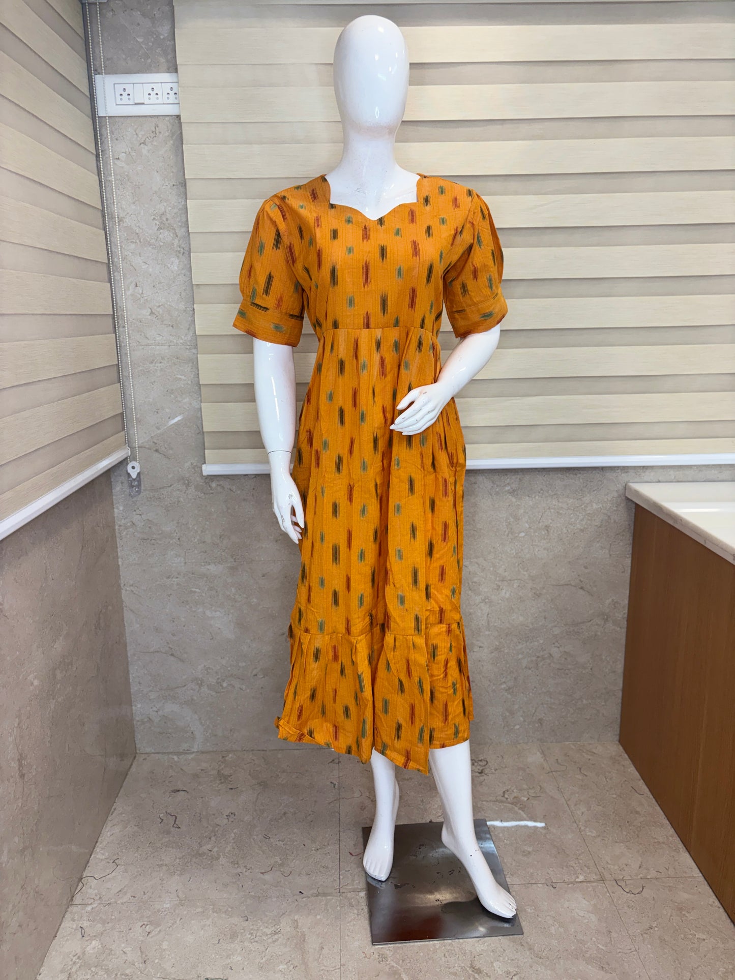 Mustard Ochre Multicolor Ikat Dash Budget Friendly Frock