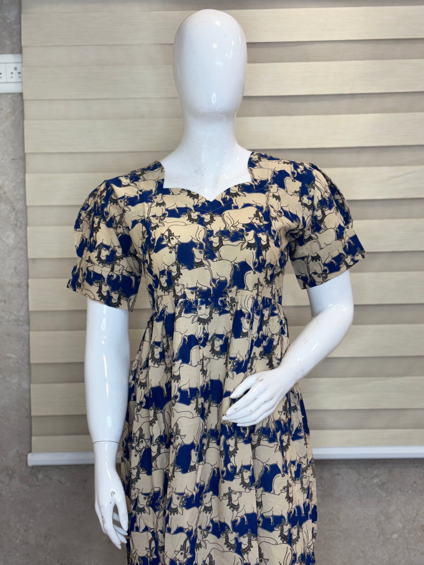 Kalamkari Beige & Royal Blue Animal Print Cotton Frock