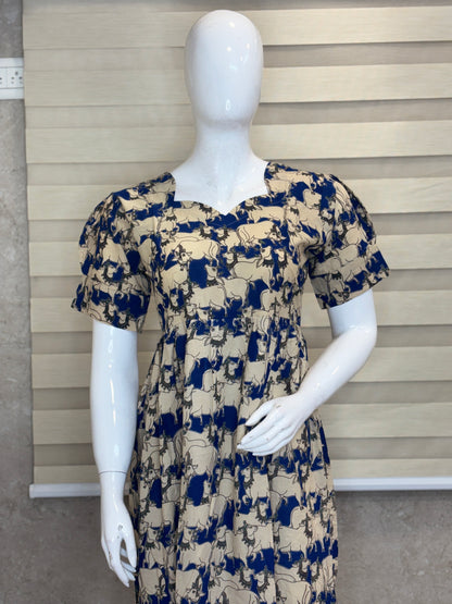 Kalamkari Beige & Royal Blue Animal Print Cotton Frock