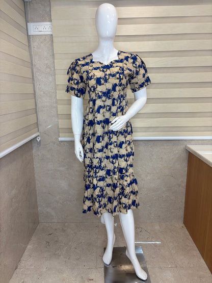 Kalamkari Beige & Royal Blue Animal Print Cotton Frock