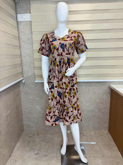 Kalamkari Beige Floral Cotton Frock