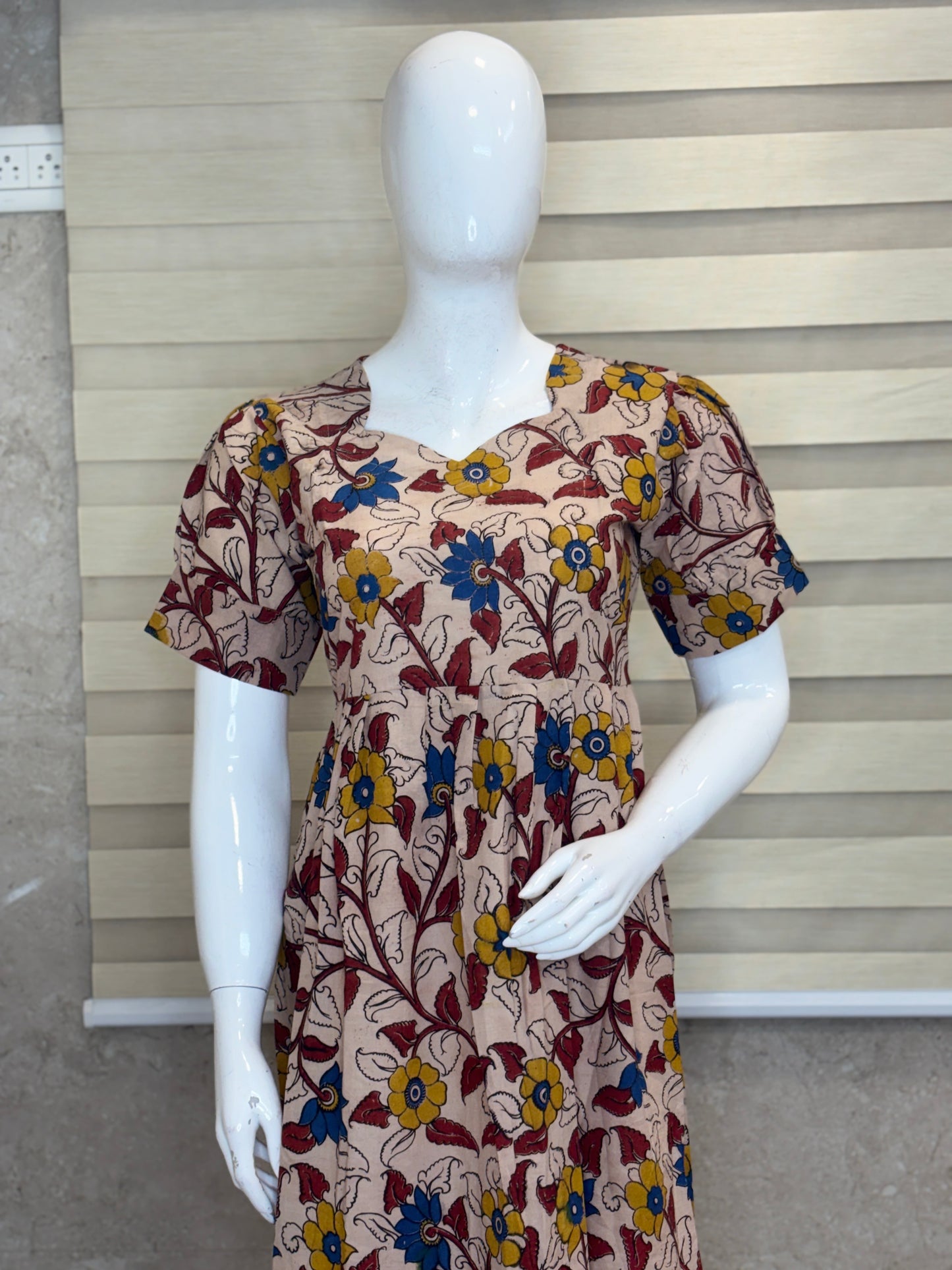 Kalamkari Beige Floral Cotton Frock