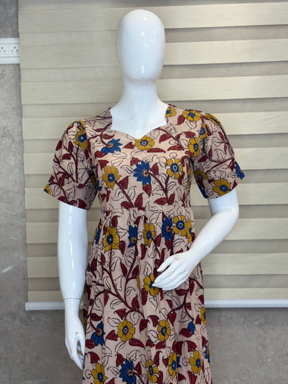 Kalamkari Beige Floral Cotton Frock