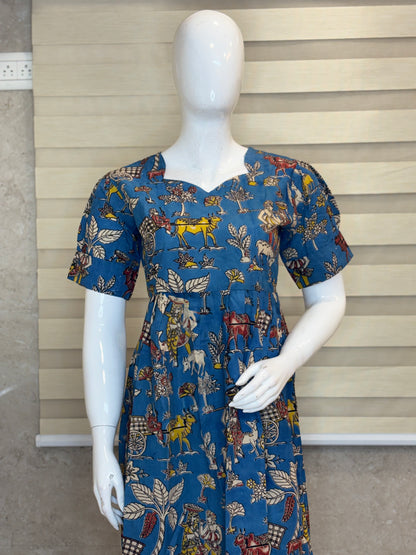 Kalamkari Teal Heritage Print Cotton Frock