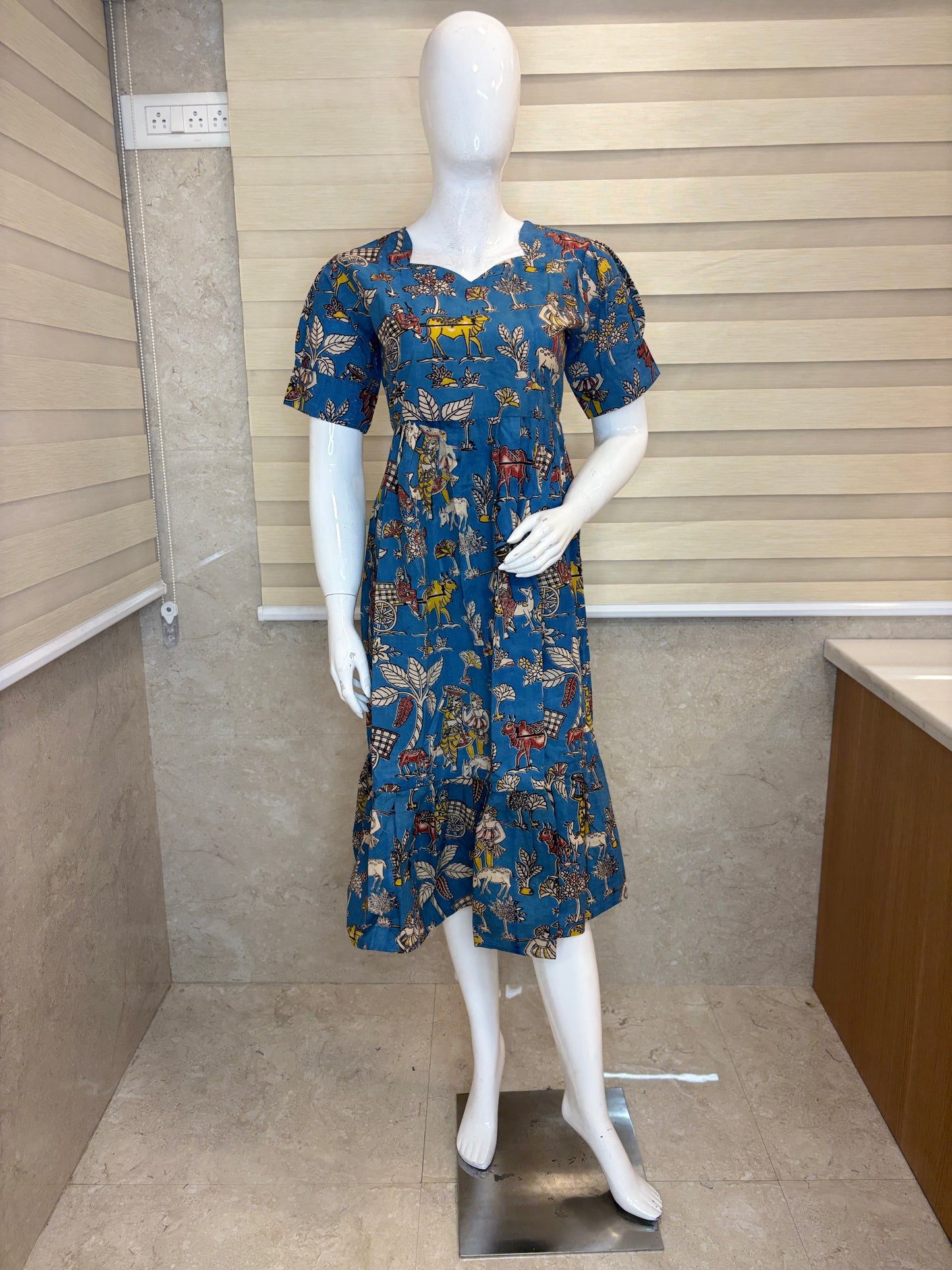 Kalamkari Teal Heritage Print Cotton Frock