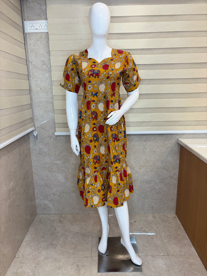 Kalamkari Mustard Ochre Royal Elephant & Pomegranate Cotton Frock