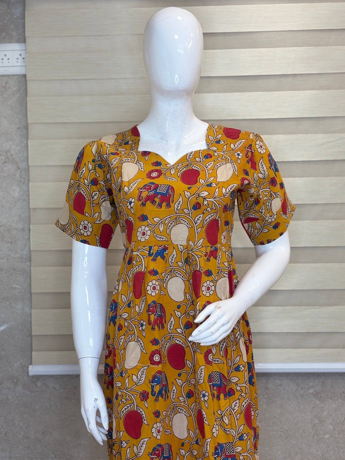 Kalamkari Mustard Ochre Royal Elephant & Pomegranate Cotton Frock