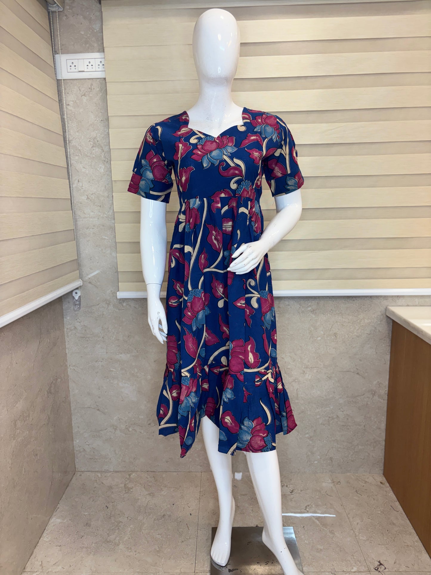 Kalamkari Navy Blue Floral Cotton Frock