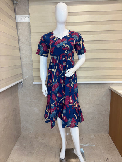 Kalamkari Navy Blue Floral Cotton Frock