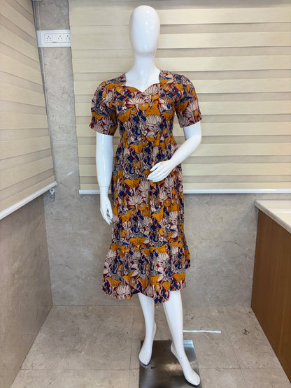 Kalamkari Navy Blue Floral Cotton Frock