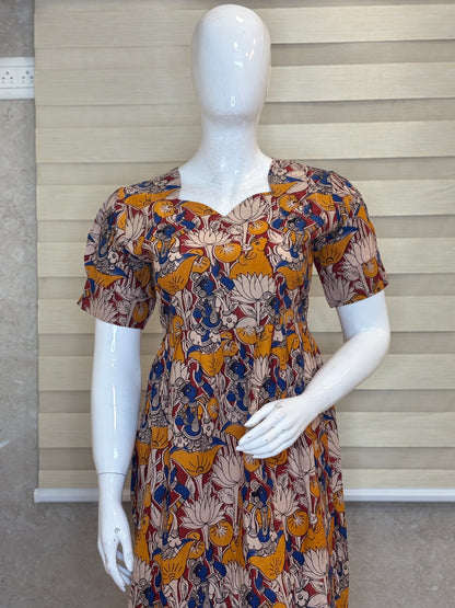 Kalamkari Navy Blue Floral Cotton Frock