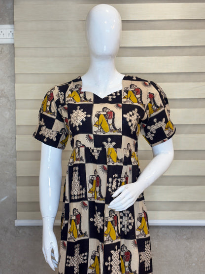 Kalamkari Black Figurative Cotton Frock