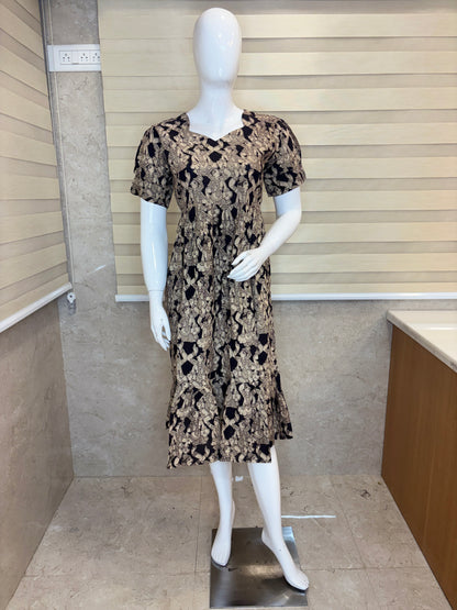 Kalamkari Beige & Black Floral Cotton Frock