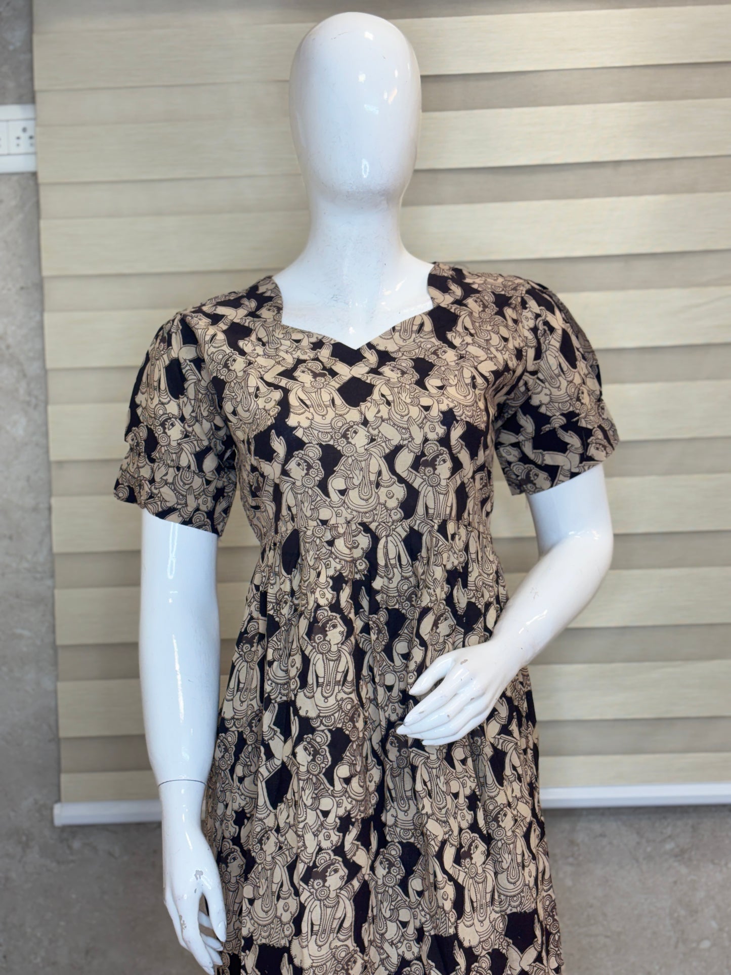 Kalamkari Beige & Black Floral Cotton Frock