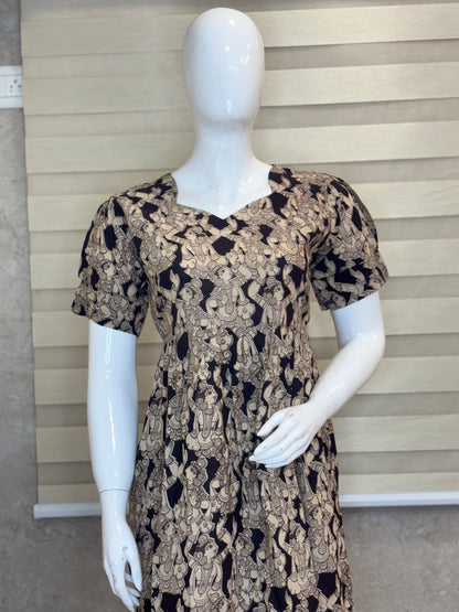 Kalamkari Beige & Black Floral Cotton Frock
