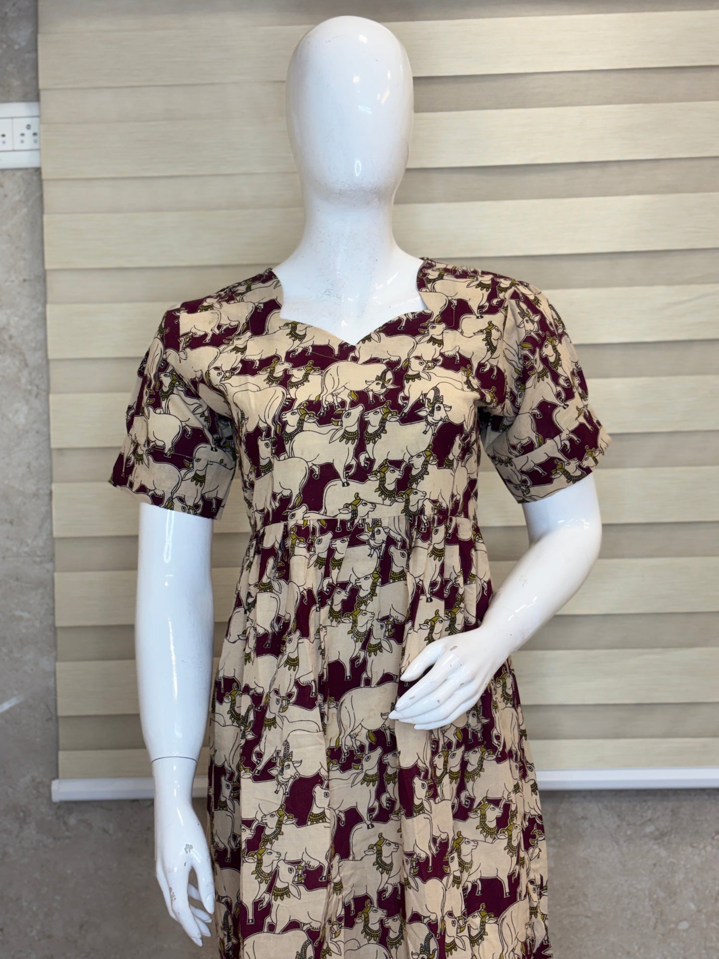 Kalamkari Desert Sand & Deep Maroon Royal Elephant Cotton Frock
