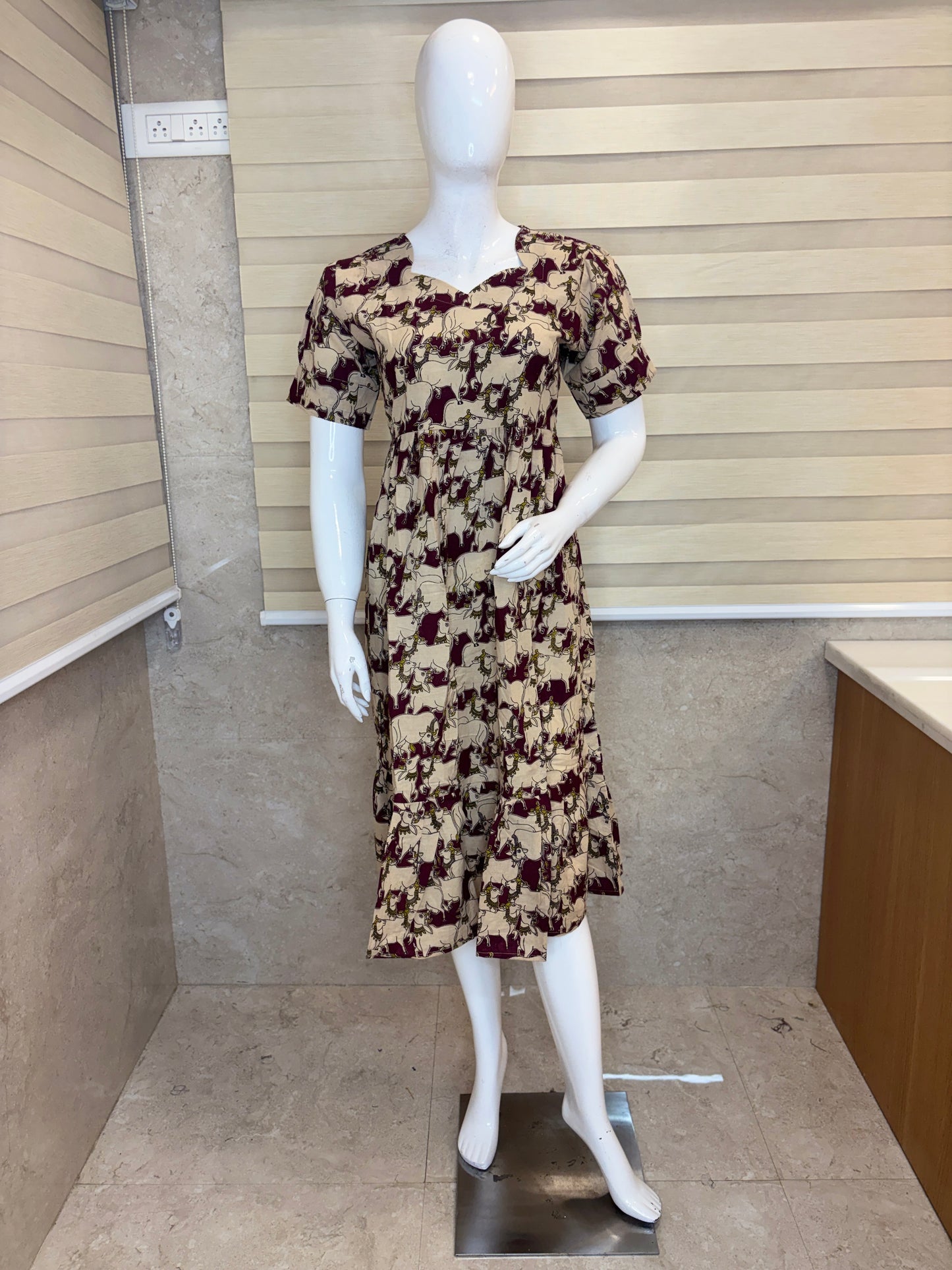 Kalamkari Desert Sand & Deep Maroon Royal Elephant Cotton Frock