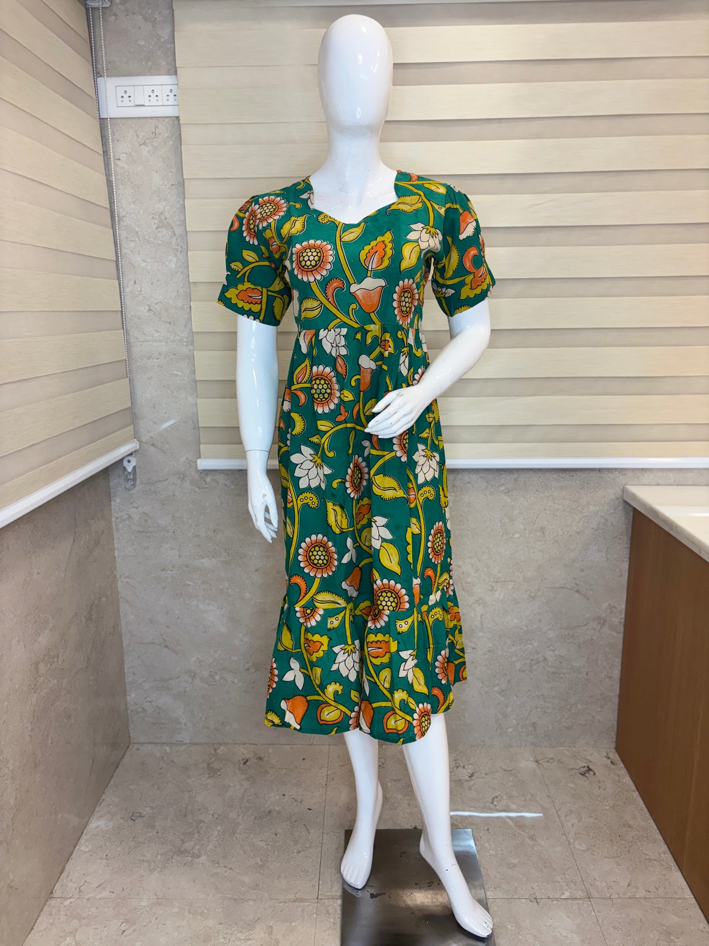 Kalamkari Emerald Green Floral Cotton Frock