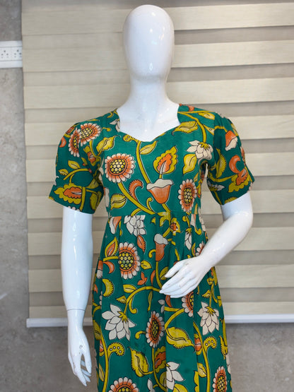 Kalamkari Emerald Green Floral Cotton Frock