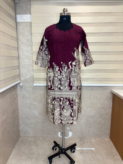 Kalamkari Wine Purple Temple Border Cotton Long Top