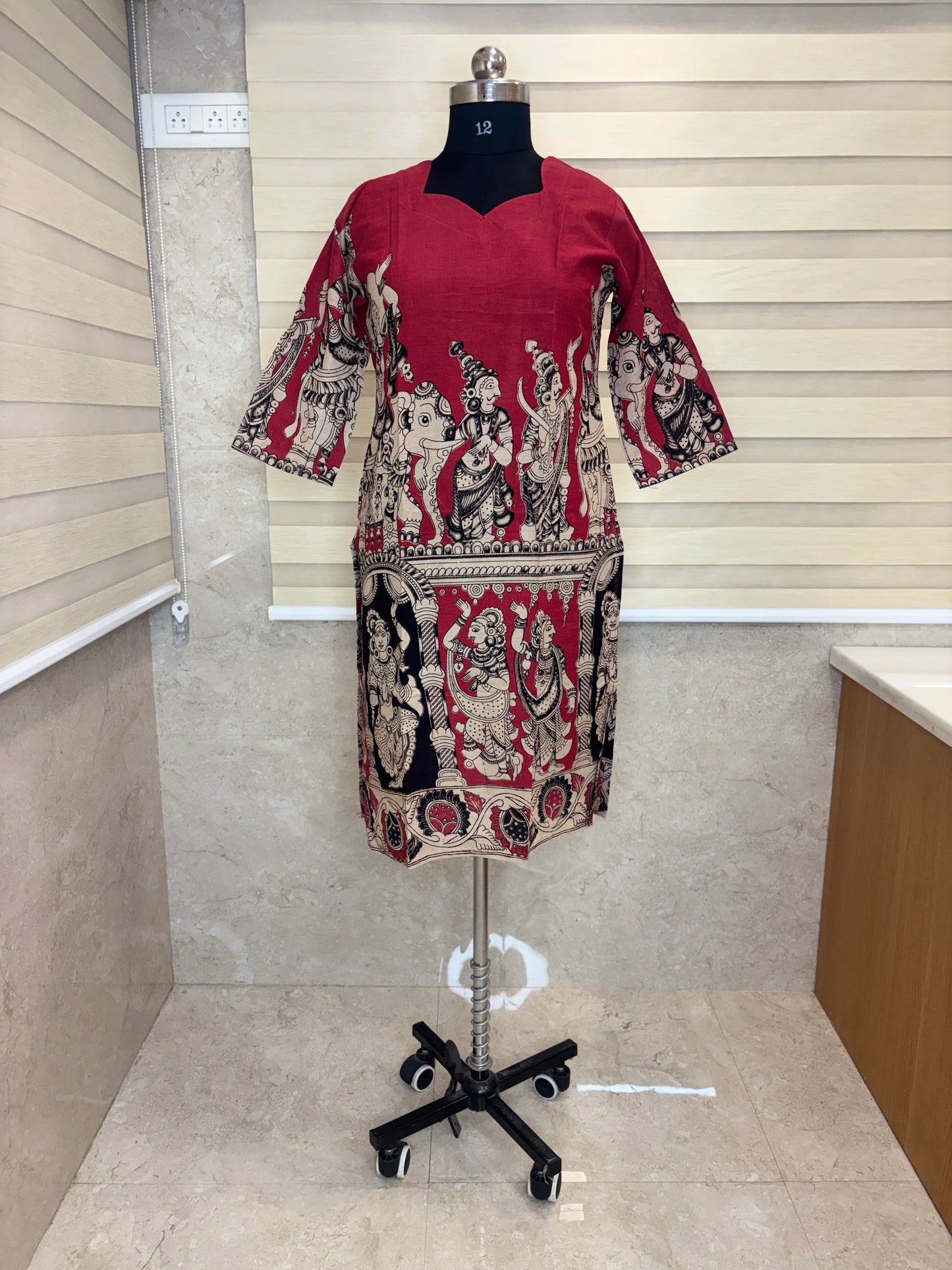 Kalamkari Maroon Mythological Printed Cotton Long Top