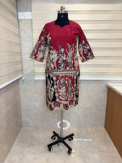 Kalamkari Maroon Mythological Printed Cotton Long Top