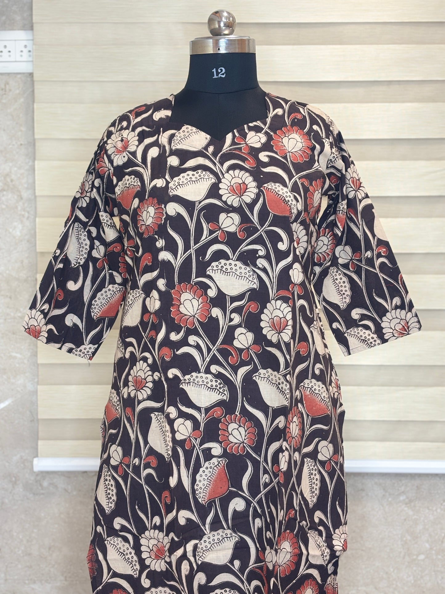 Kalamkari Black Floral Printed Cotton Long Top