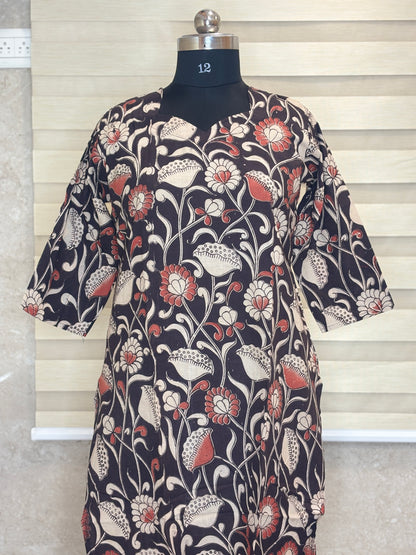 Kalamkari Black Floral Printed Cotton Long Top
