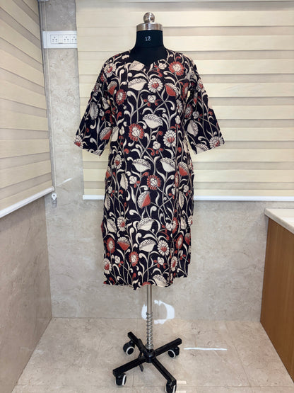 Kalamkari Black Floral Printed Cotton Long Top
