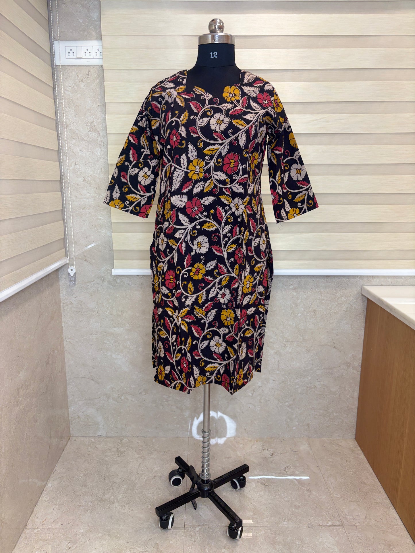 Kalamkari Black Floral Printed Cotton Long Top