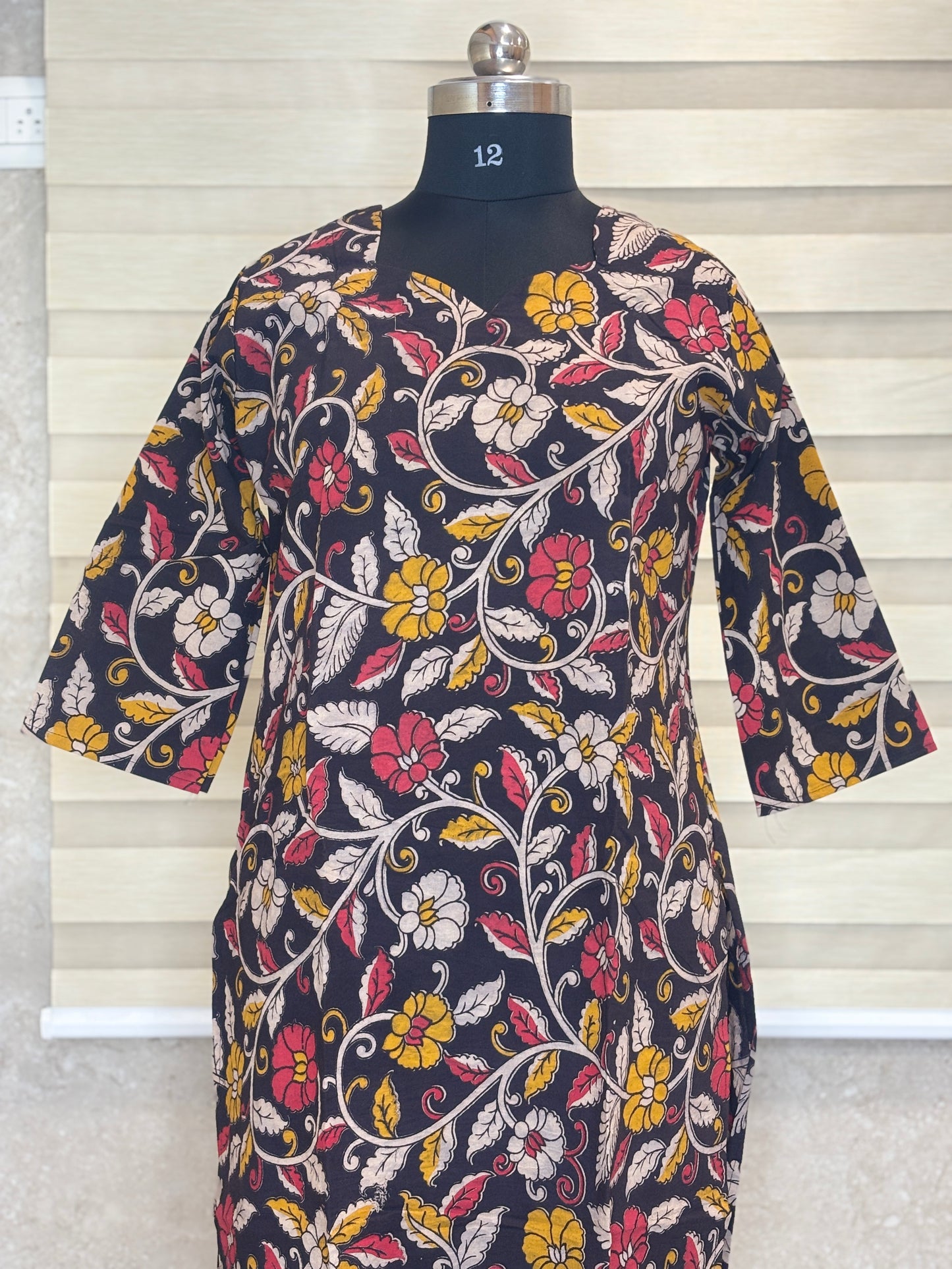 Kalamkari Black Floral Printed Cotton Long Top