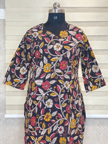 Kalamkari Black Floral Printed Cotton Long Top