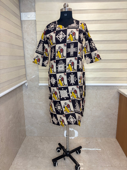 Kalamkari Black & Beige Figurative Printed Cotton Long Top