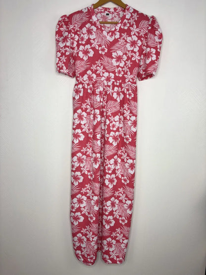 Red with White Floral Printed V-Neck Lounge Frock