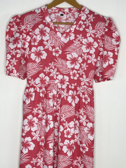 Red with White Floral Printed V-Neck Lounge Frock