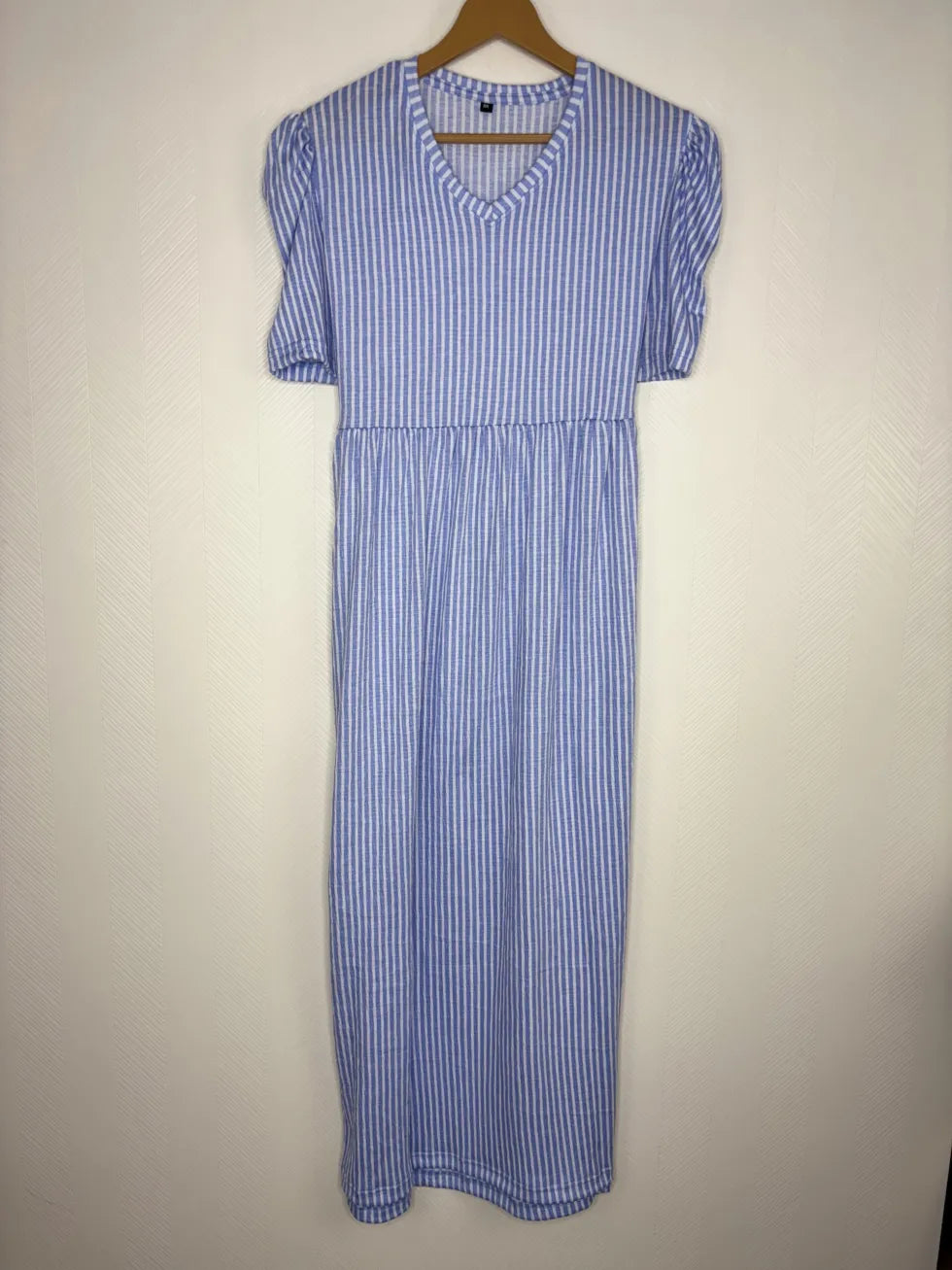 Blue and White Horizontal Stripes Printed V-Neck Lounge Frock