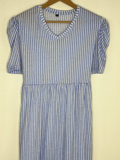 Blue and White Horizontal Stripes Printed V-Neck Lounge Frock