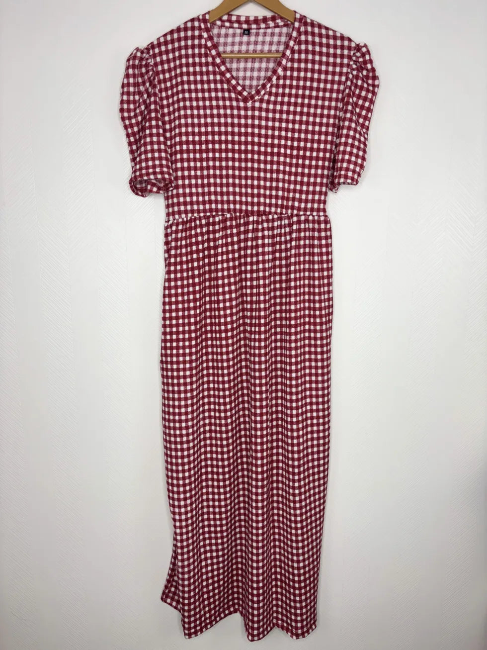 Red and White Gingham Style Printed V-Neck Lounge Frock