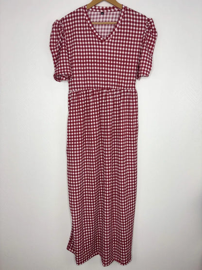 Red and White Gingham Style Printed V-Neck Lounge Frock