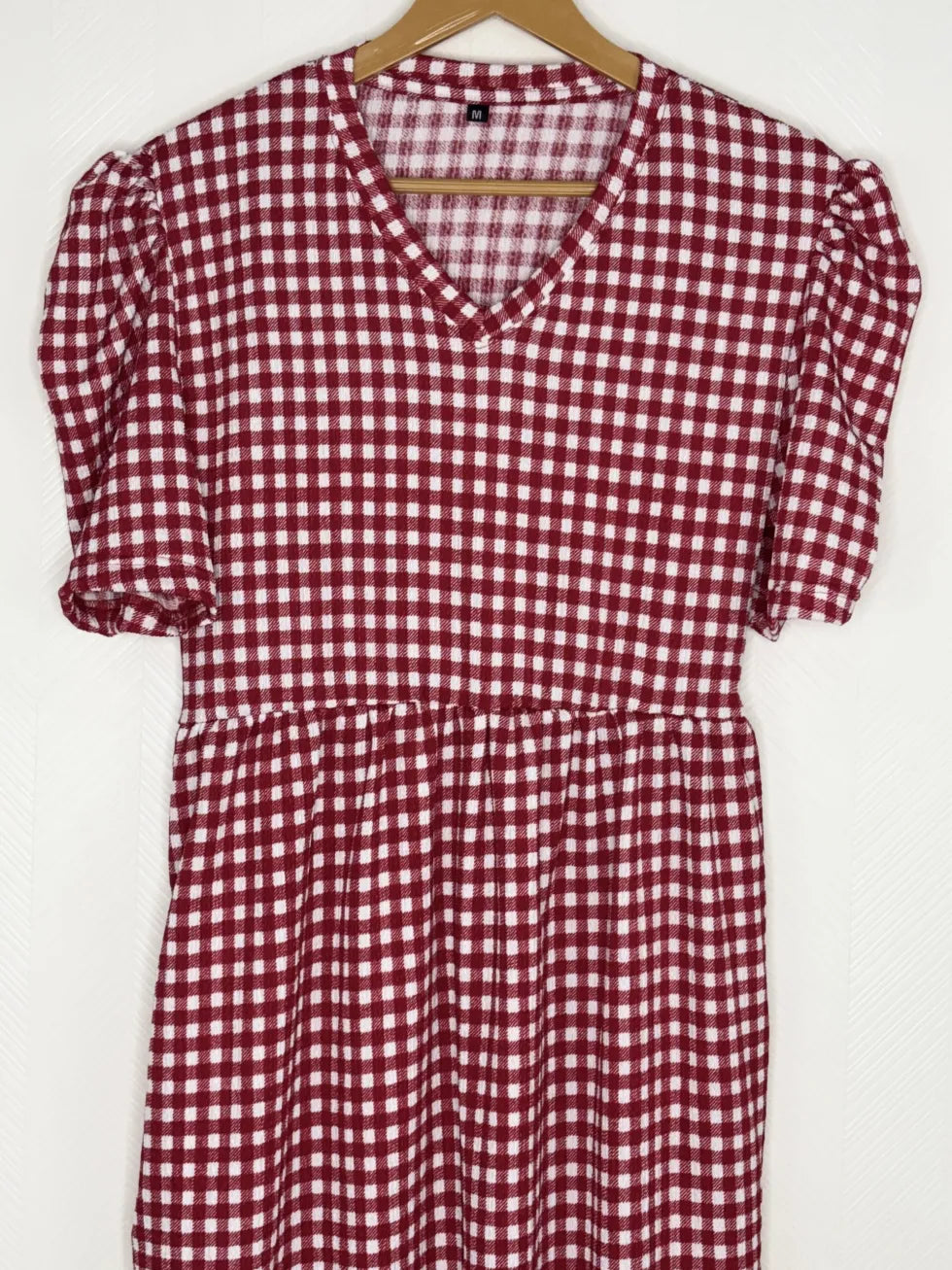 Red and White Gingham Style Printed V-Neck Lounge Frock