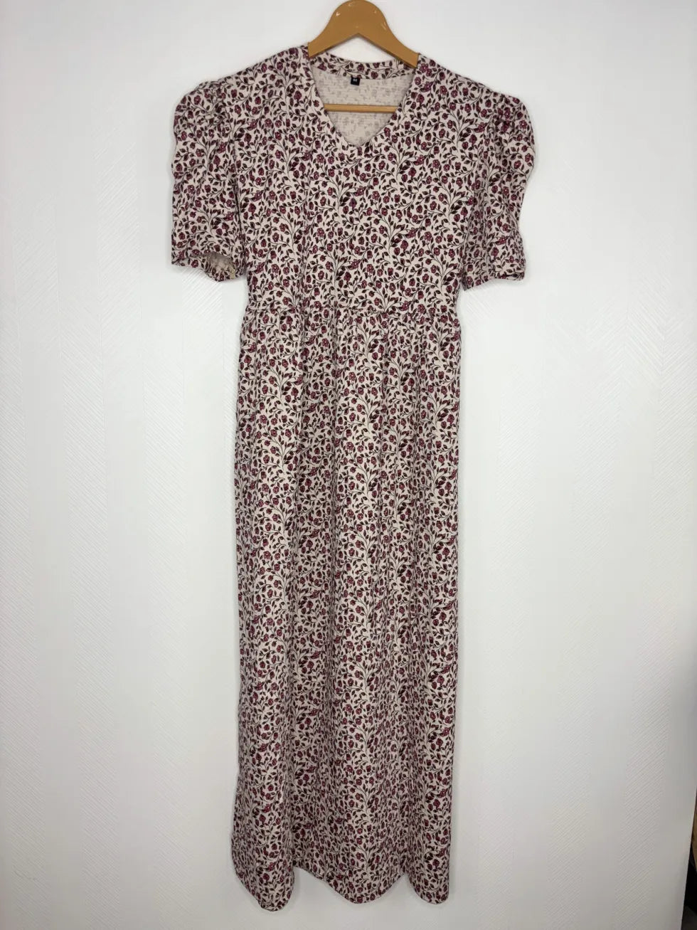 Cream with Red Floral Printed V-Neck Lounge Frock