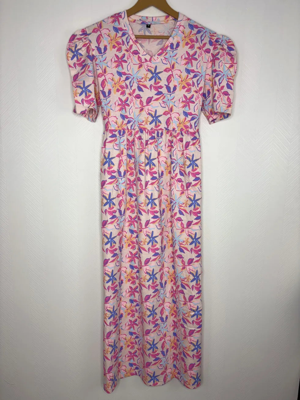 Cream with Pinky Floral Printed V-Neck Lounge Frock