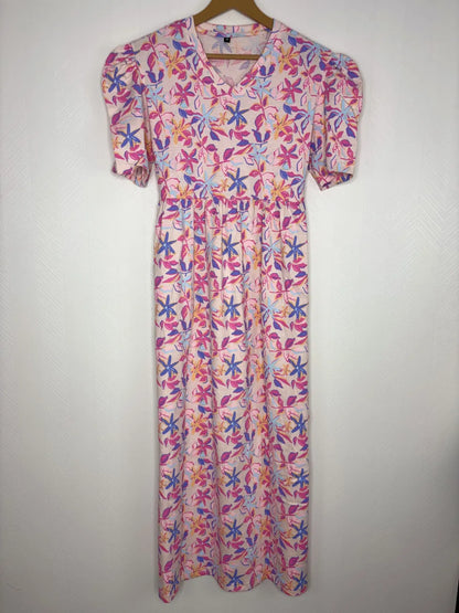 Cream with Pinky Floral Printed V-Neck Lounge Frock
