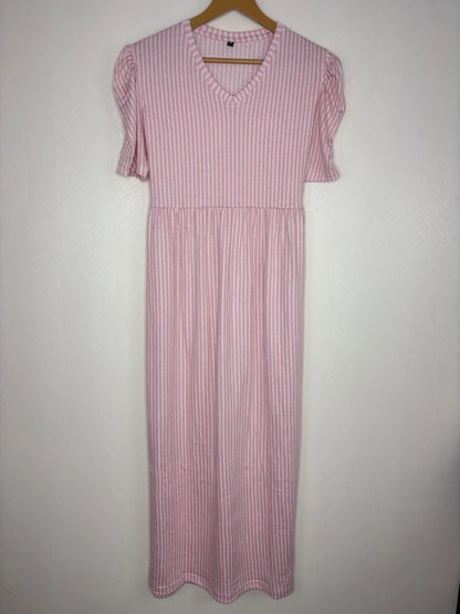 Pink and White Stripes Printed V-Neck Lounge Frock