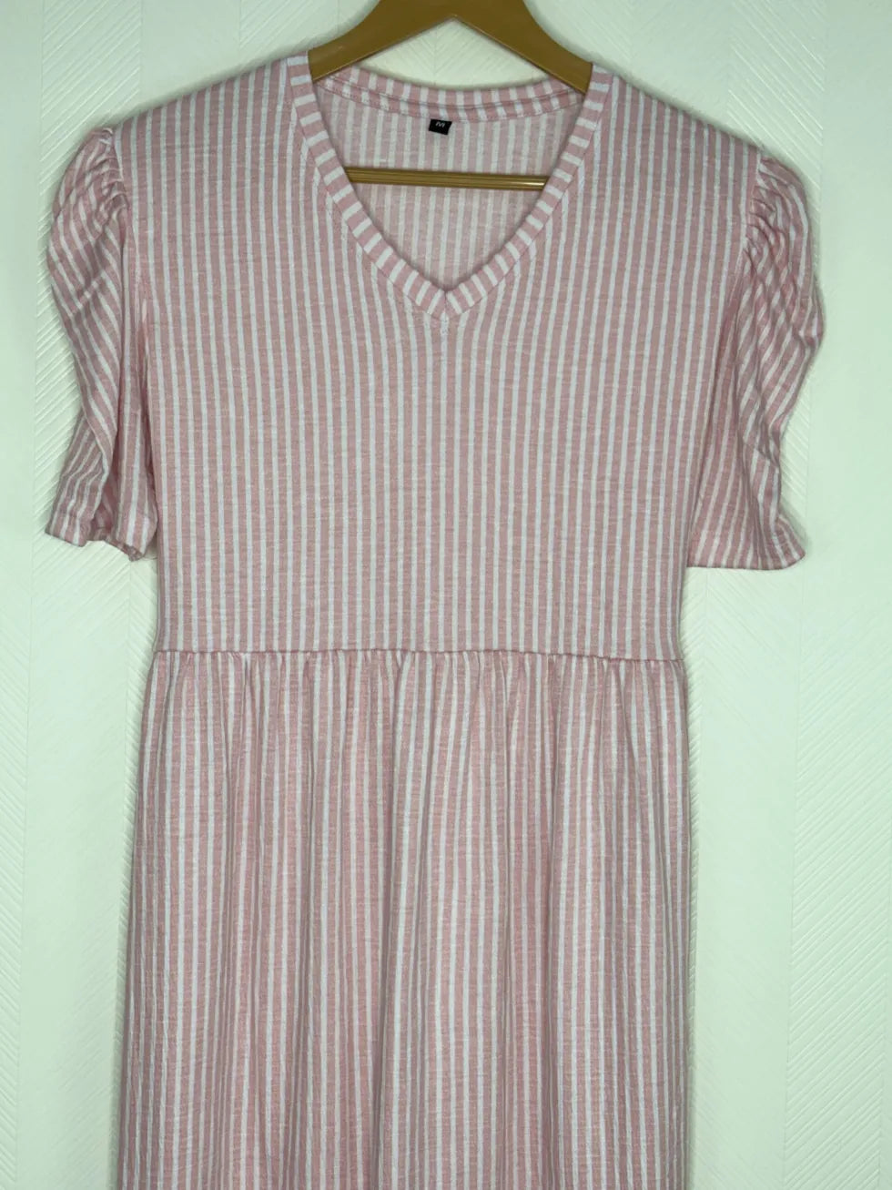 Pink and White Stripes Printed V-Neck Lounge Frock
