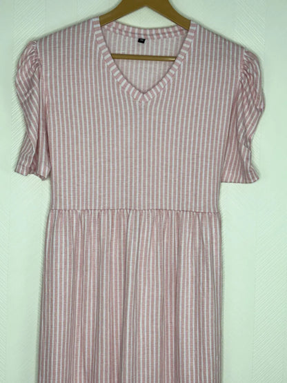 Pink and White Stripes Printed V-Neck Lounge Frock