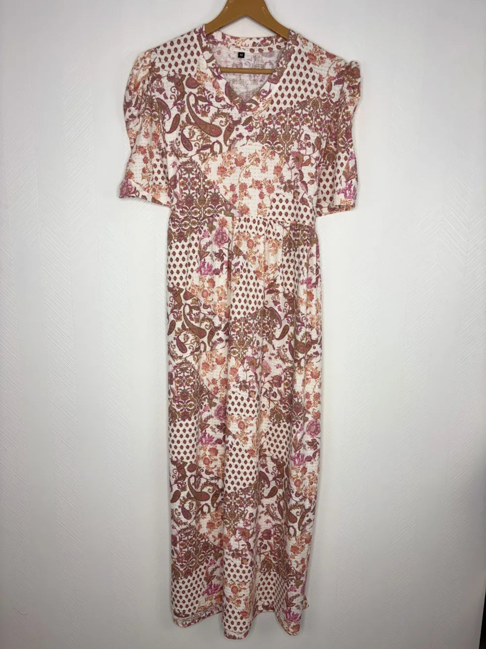 Cream with Brown Paisley Printed V-Neck Lounge Frock