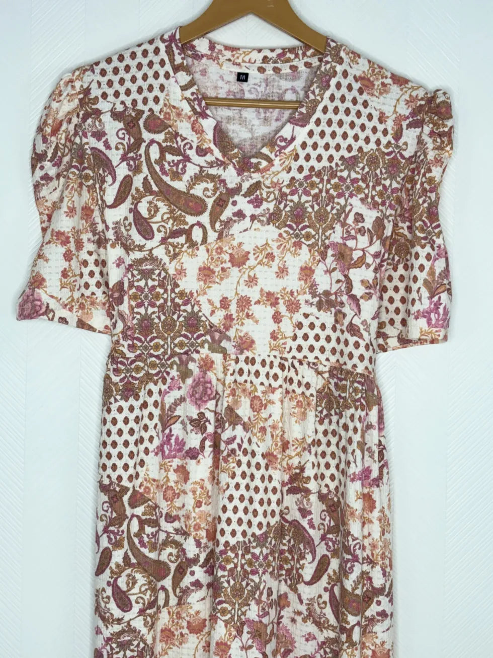 Cream with Brown Paisley Printed V-Neck Lounge Frock